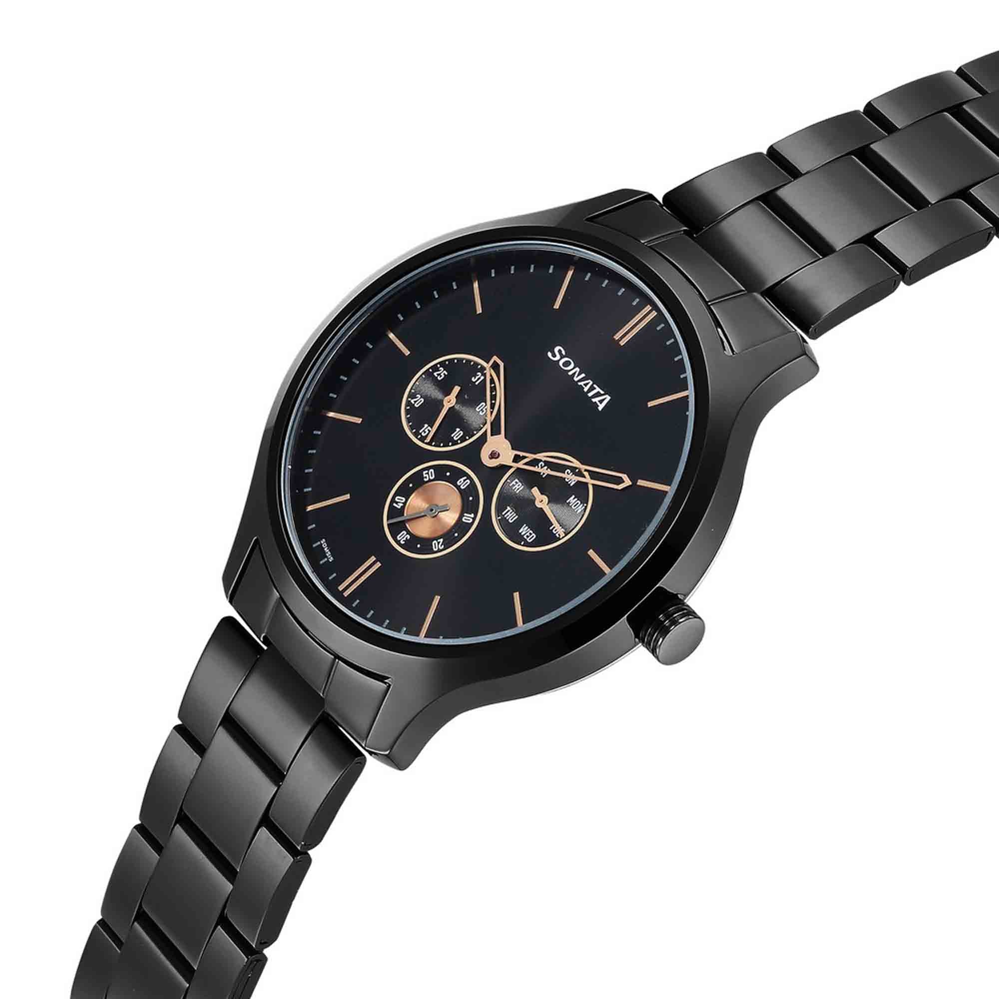 Sonata Quartz Multifunction Black Dial Stainless Steel Strap Watch for Men - Image 3