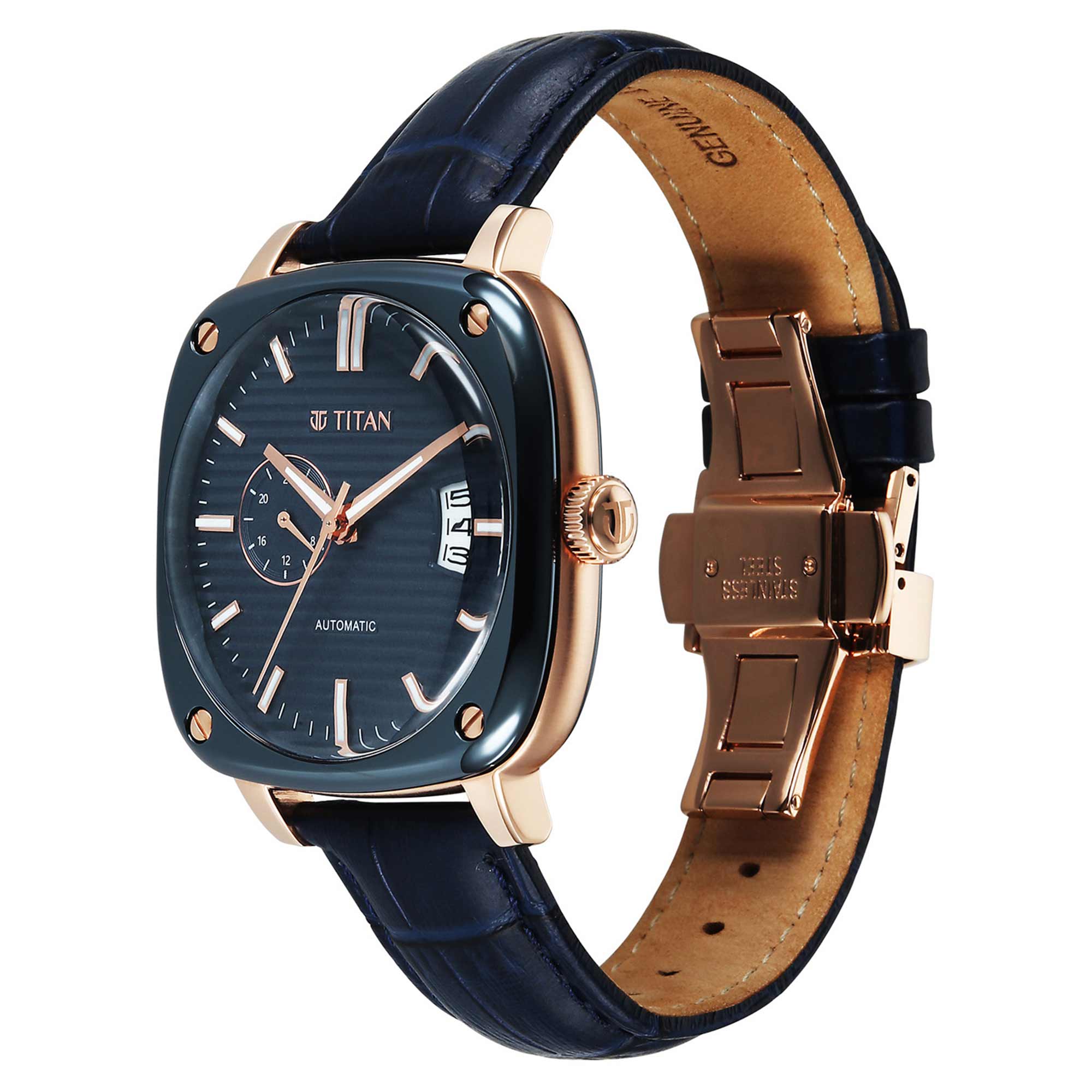 Titan Blue Dial Leather Strap Concealed Automatic Watch for Men - Image 3