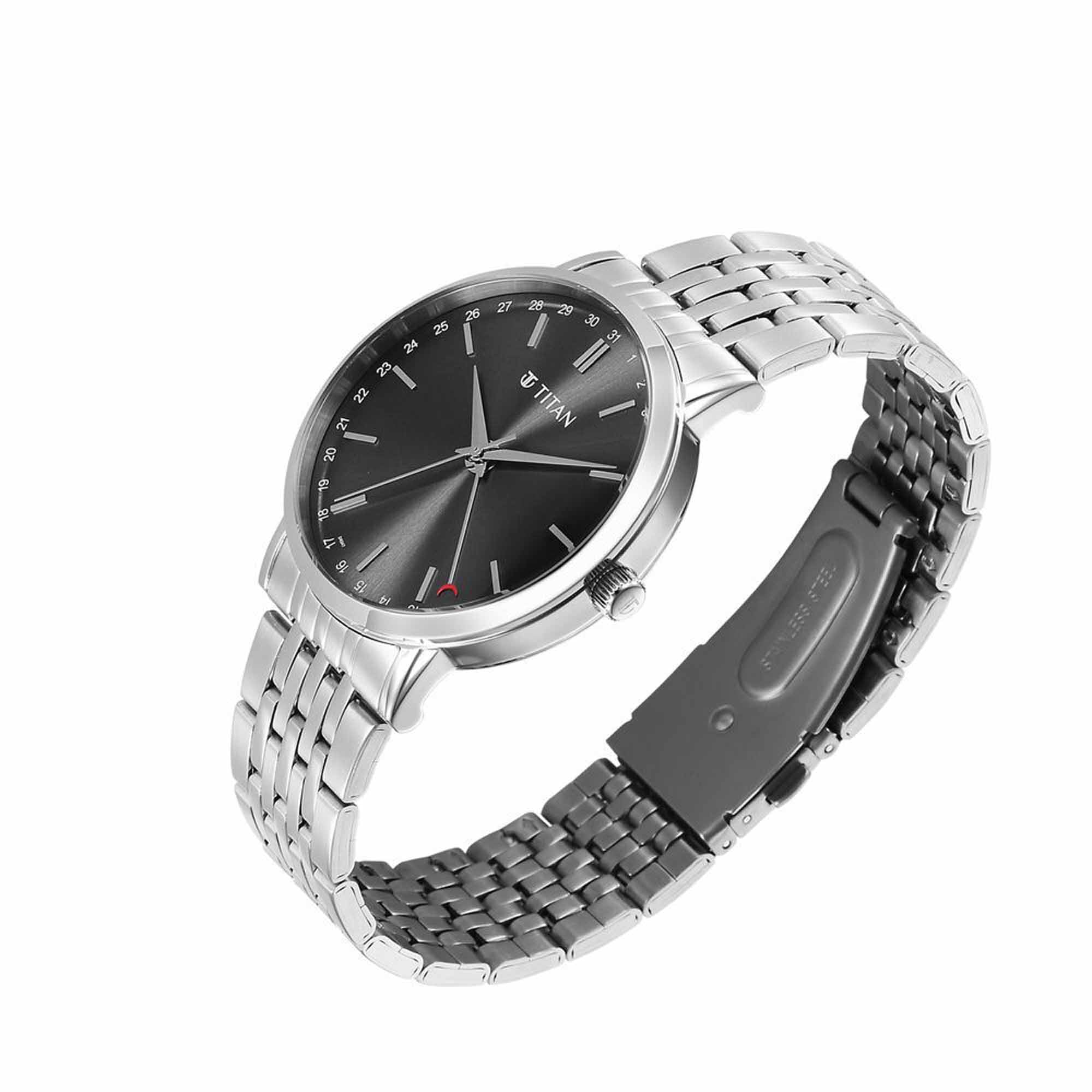 Titan Elegance Analog with Date by Hand and Dark Grey Dial Stainless Steel Strap Watch for Men - Image 4