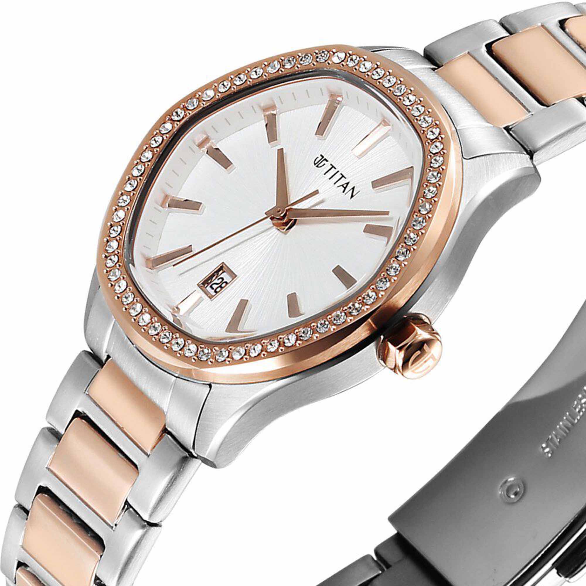 Titan Glamour Quartz Analog with Date Silver Dial Two Toned Stainless Steel Strap Watch For Women - Image 4