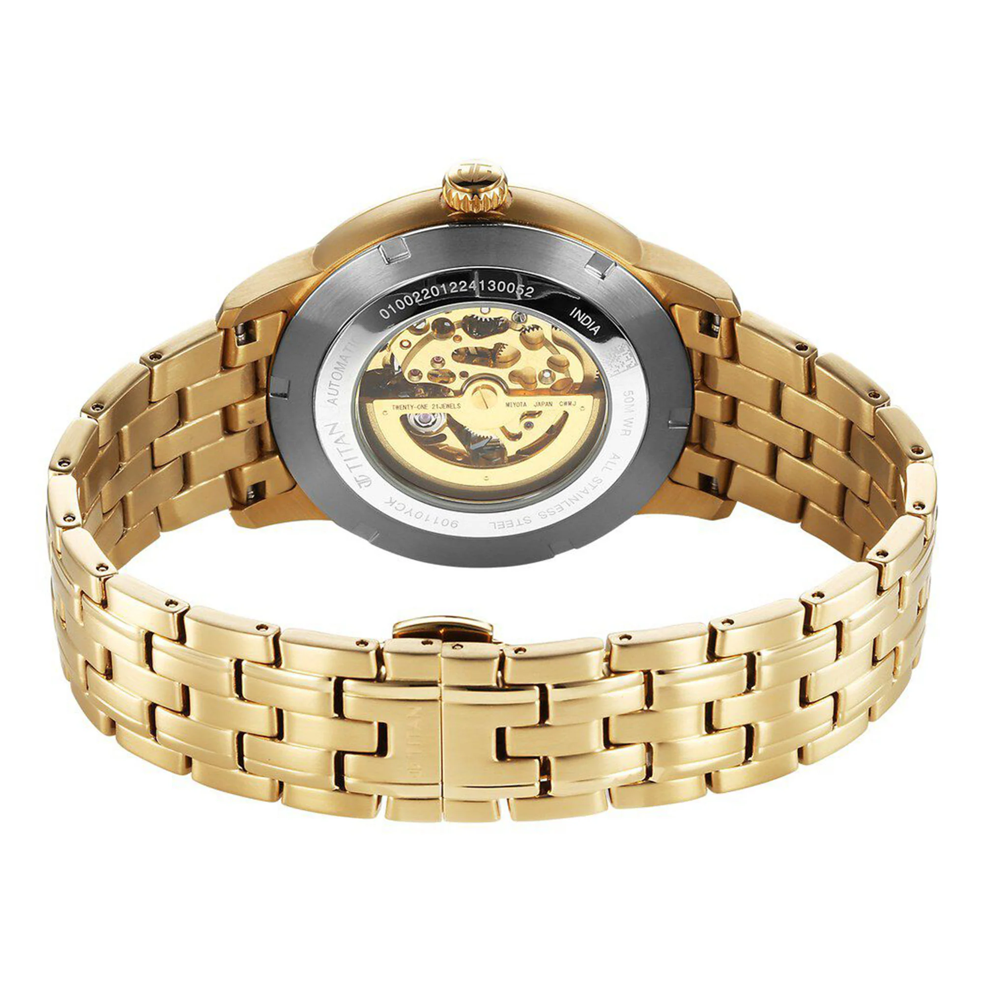Titan Golden Heart Skeletal Automatic Analog with Silver Dial Yellow Gold Stainless Steel Strap Watch for Men - Image 5