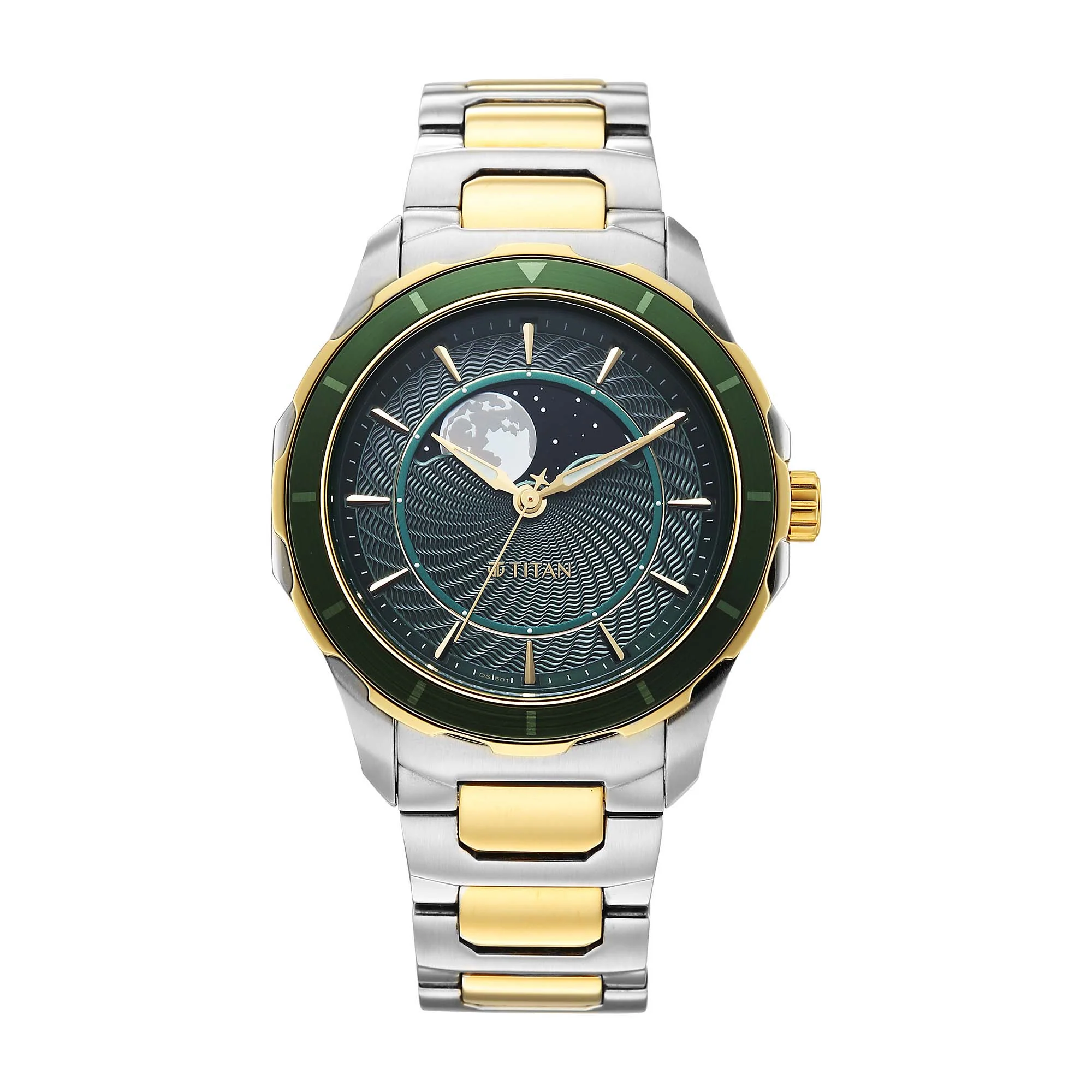 Titan Green Dial Two Toned Stainless Steel Strap Analog with Moon Phase Watch For Men - Image 2