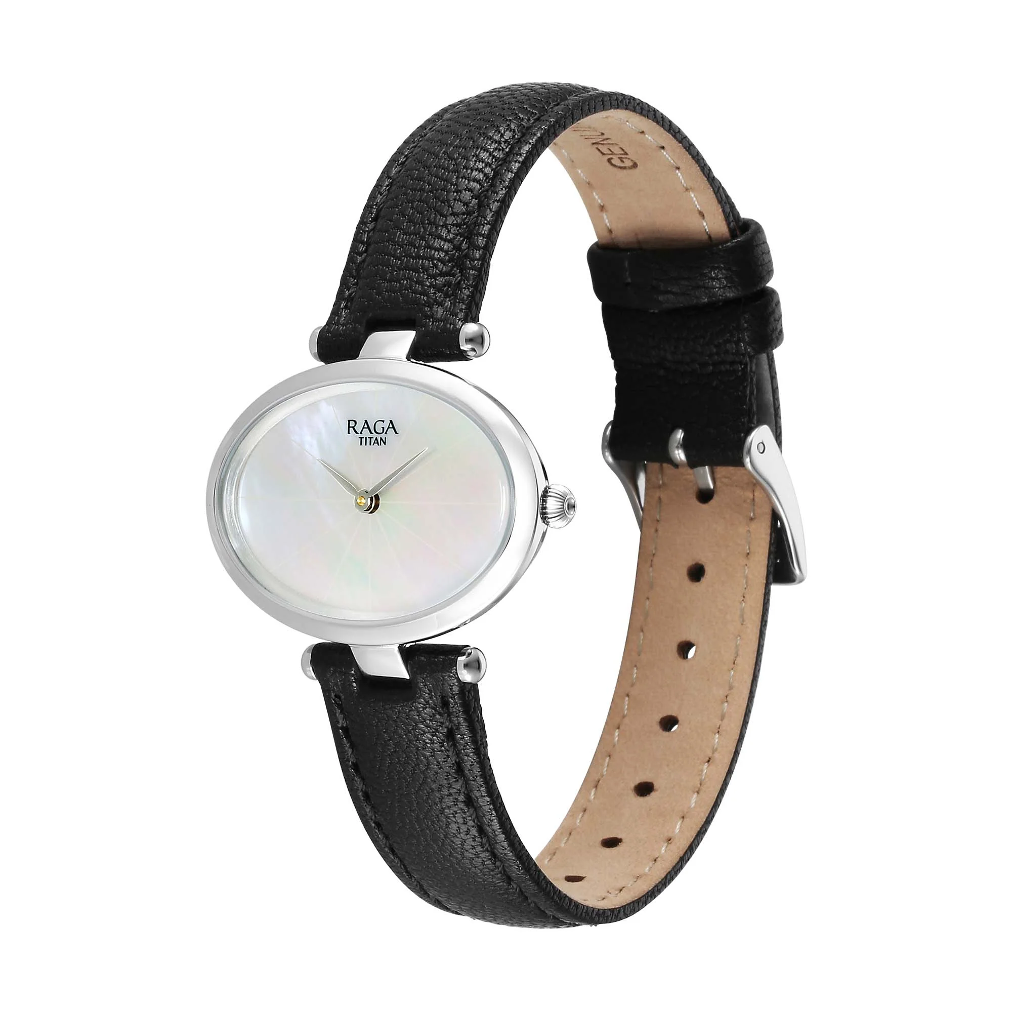 Titan Raga Silver Quartz Analog Mother Of Pearl Dial Sterling Silver Case With Black Color Leather Strap Watch For Women - Image 3
