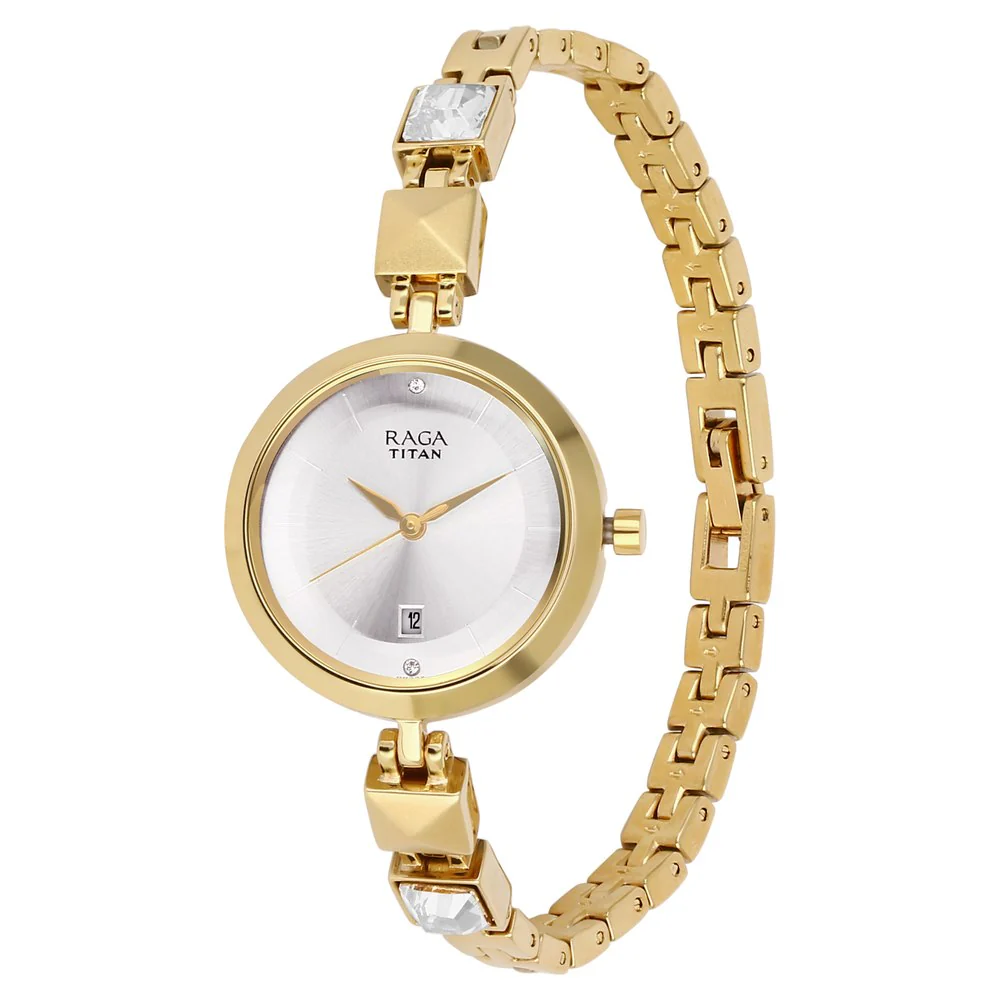 Titan Raga Viva Silver Dial Analog with Date Golden Metal Strap watch for Women - Image 3