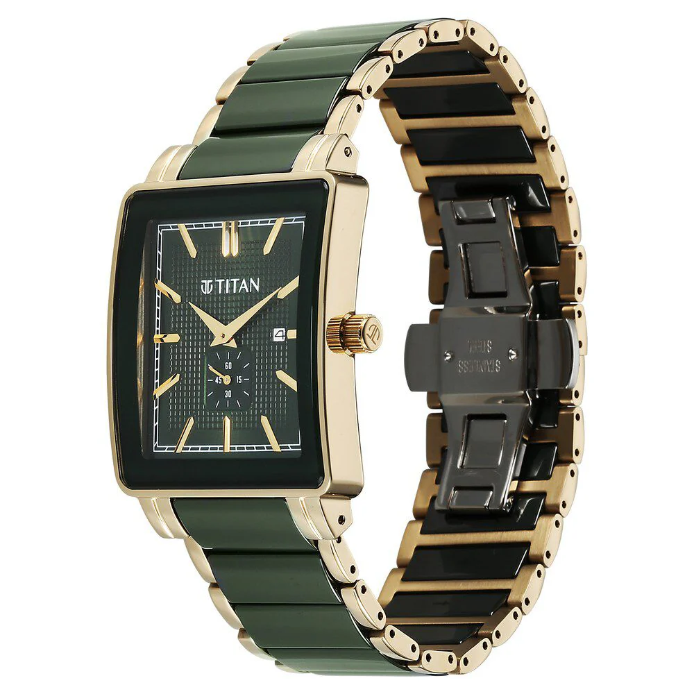 Titan Regalia Shaped Ceramic Quartz Analog with Date Green Dial Steel & Ceramic Strap Watch For Men - Image 3