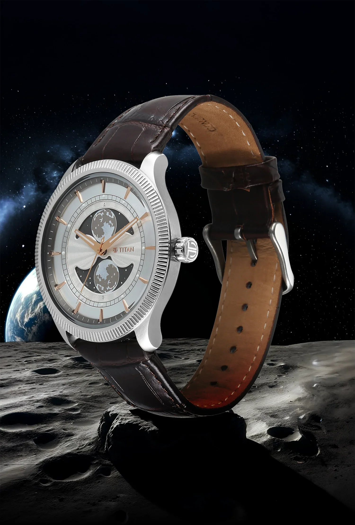 Titan Stellar Analog with Dual Moon Phase Silver Dial Watch - Image 5